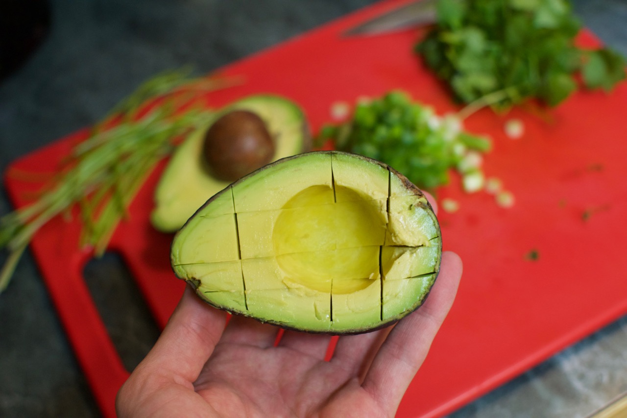 Toppings: sliced avocado, green onions, and cilantro